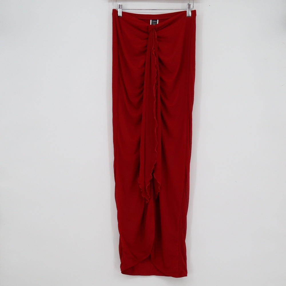 SHEIN BAE Red Ruched Ruffle Front Maxi Skirt Small Mesh Draped Lined